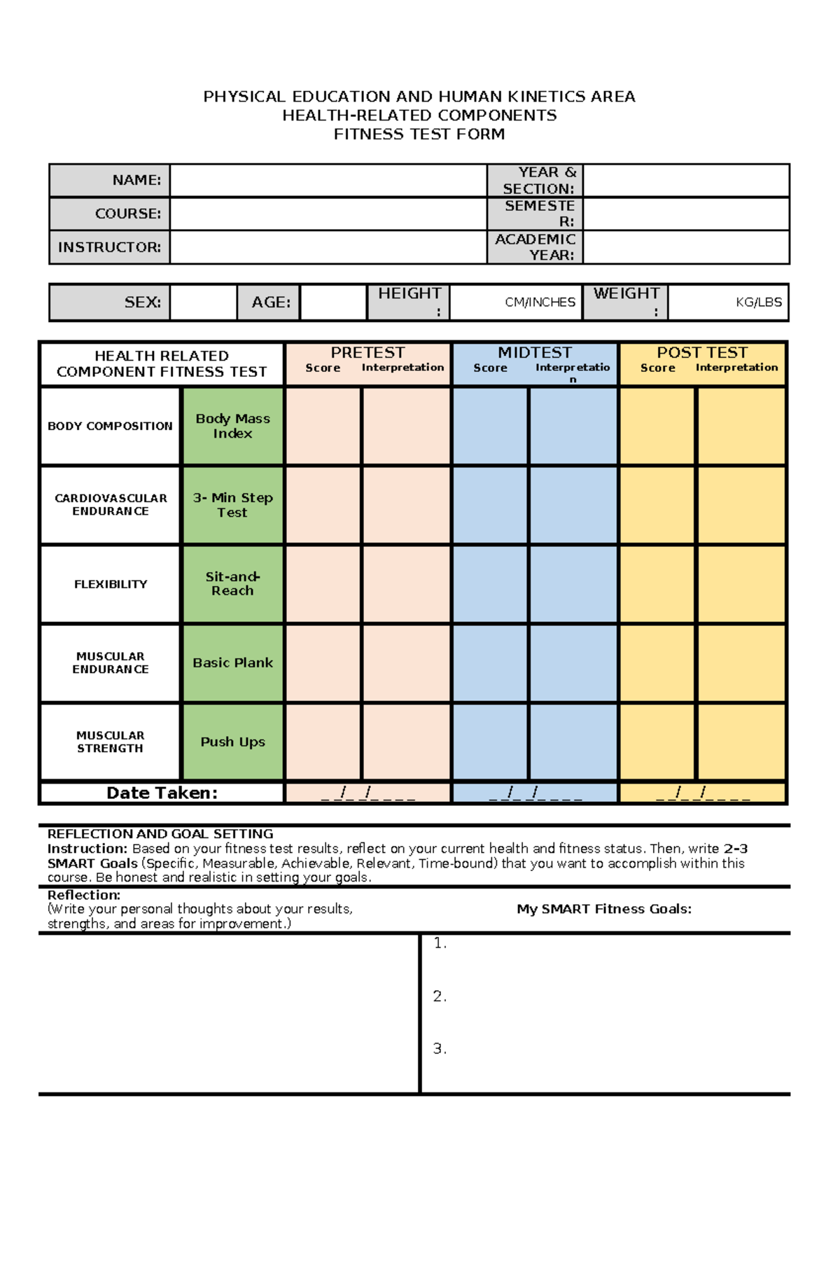 Pathfit Fitness Test Form - PE & Human Kinetics Performance Task - Studocu