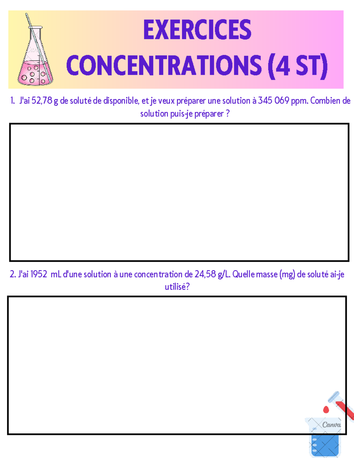 Exercices Concentration J'ai 49.78 g de soluté de disponible, et je ...