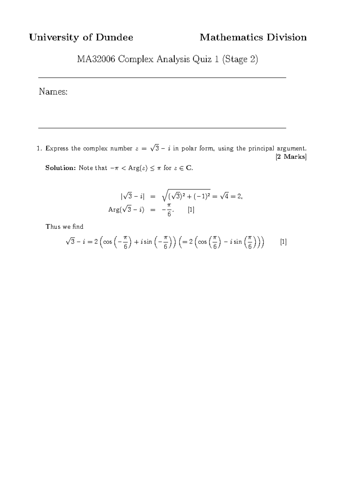 MA32006 Complex Analysis - Quiz 1 Stage 2 Solutions and Sketches - Studocu