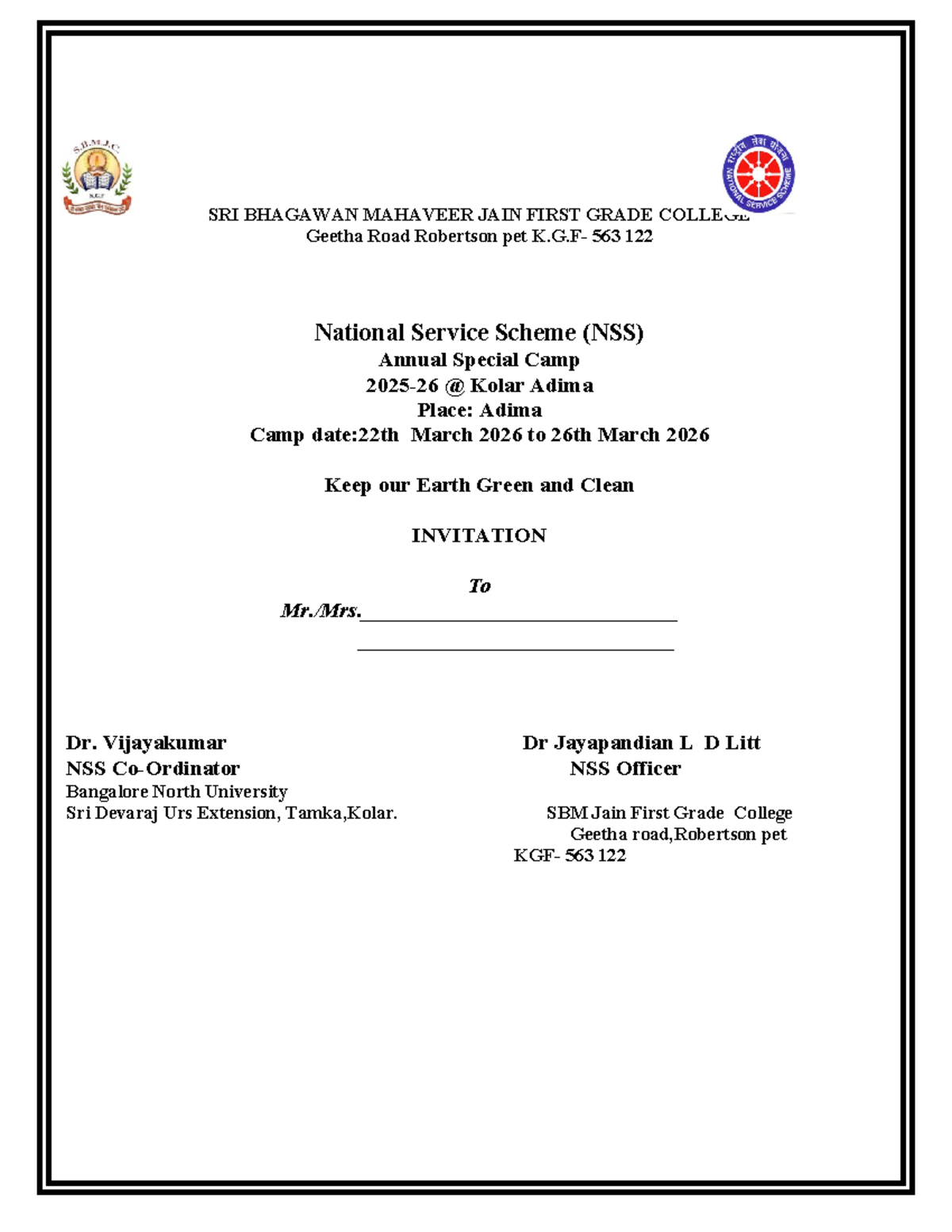 NSS Annual Special Camp Invitation 2026 - Keep Earth Green - Studocu