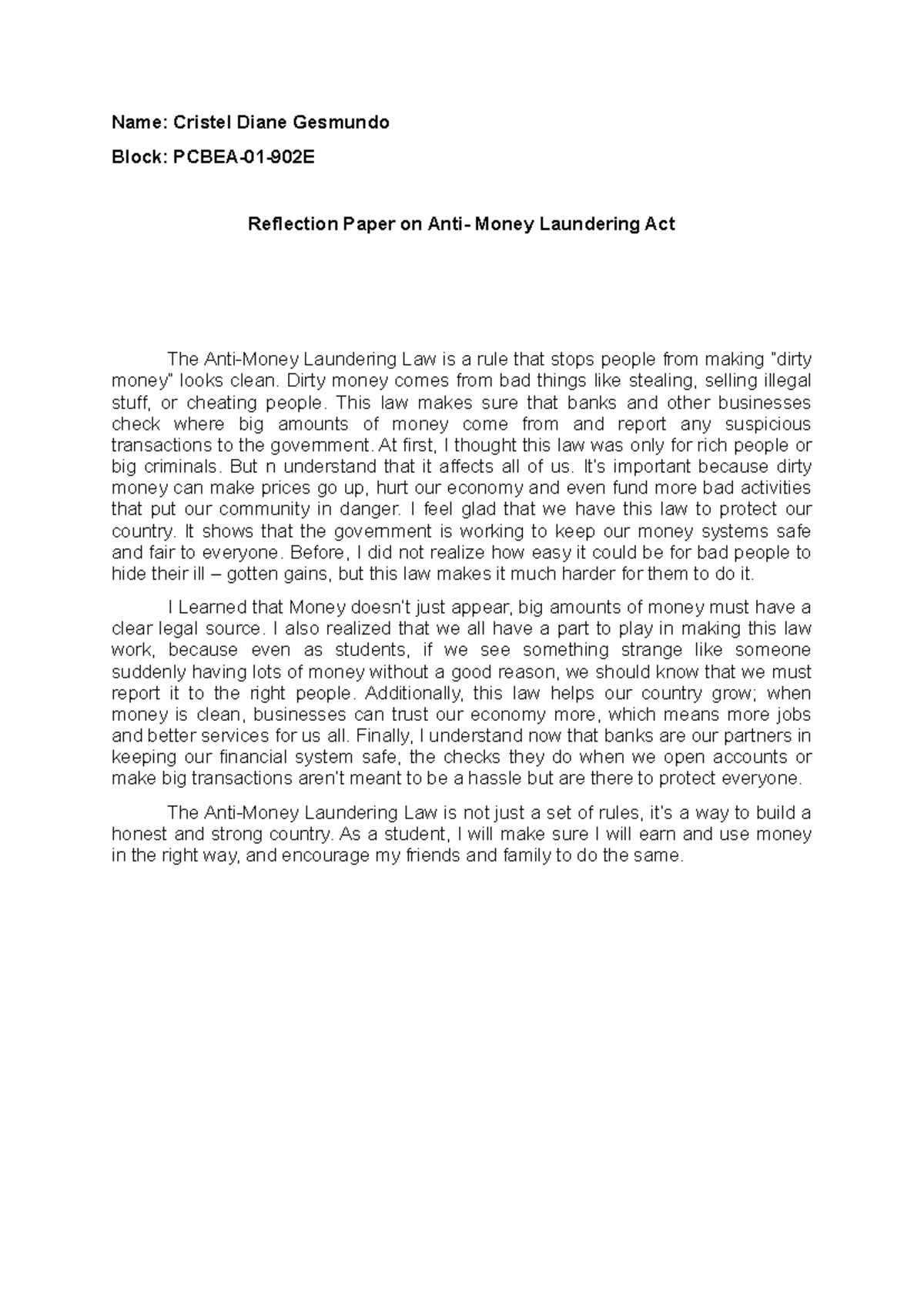 Reflection Paper on the Money Laundering Act - CRIM 101 - Studocu