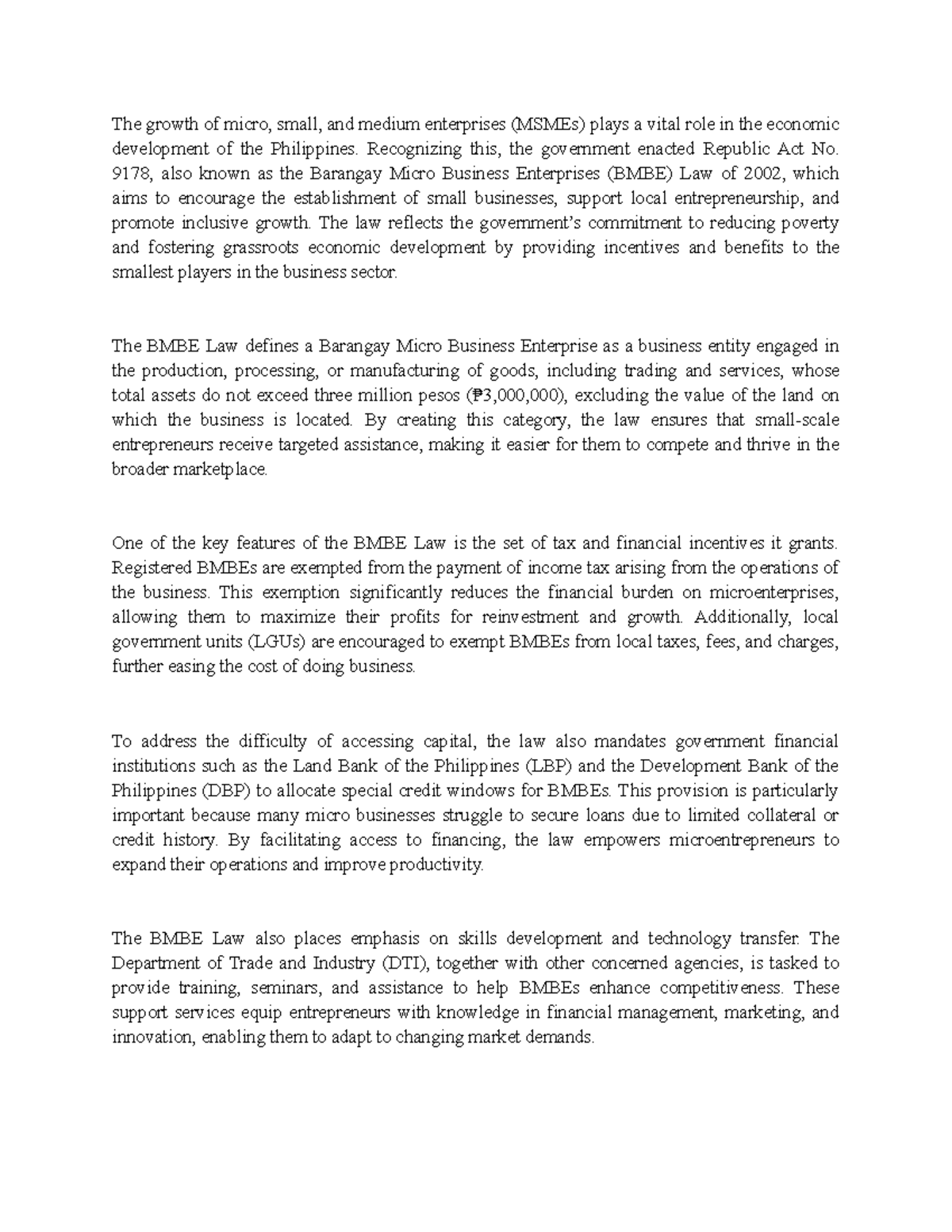 BMBE Law: Supporting MSMEs for Economic Growth in the Philippines - Studocu