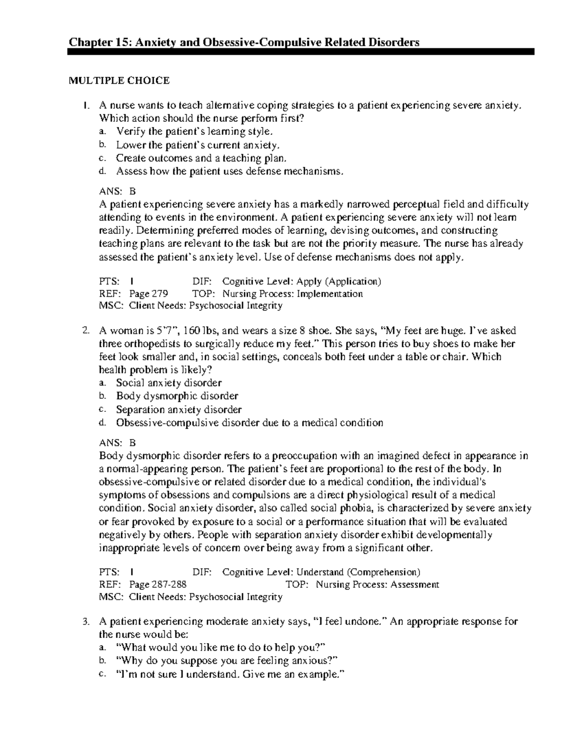 N289 Chapter 15 Test Bank - Psychosocial Practice Questions & Answers ...