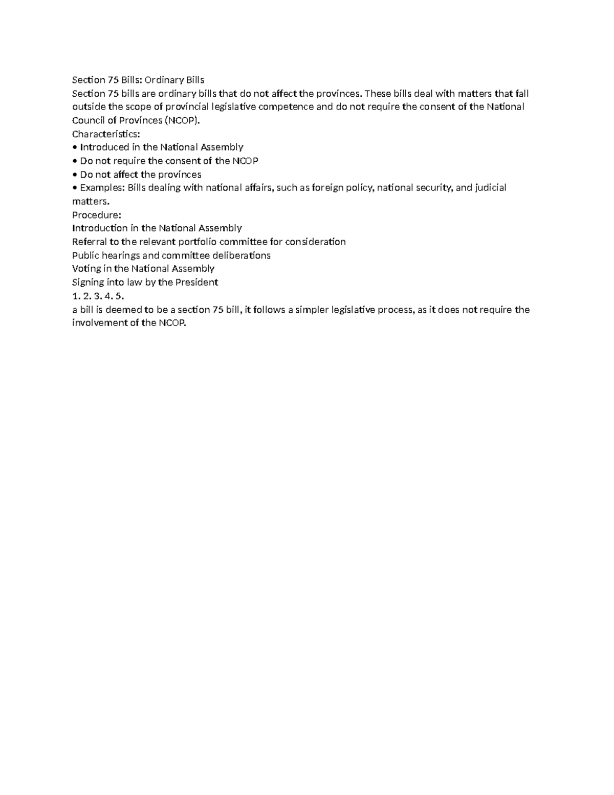 PBL 210 Final Exam: Overview of Section 75 Ordinary Bills - Studocu