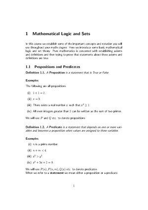 Mfa notes so far weeks 1-10 - 1 Mathematical Logic and Sets In this ...