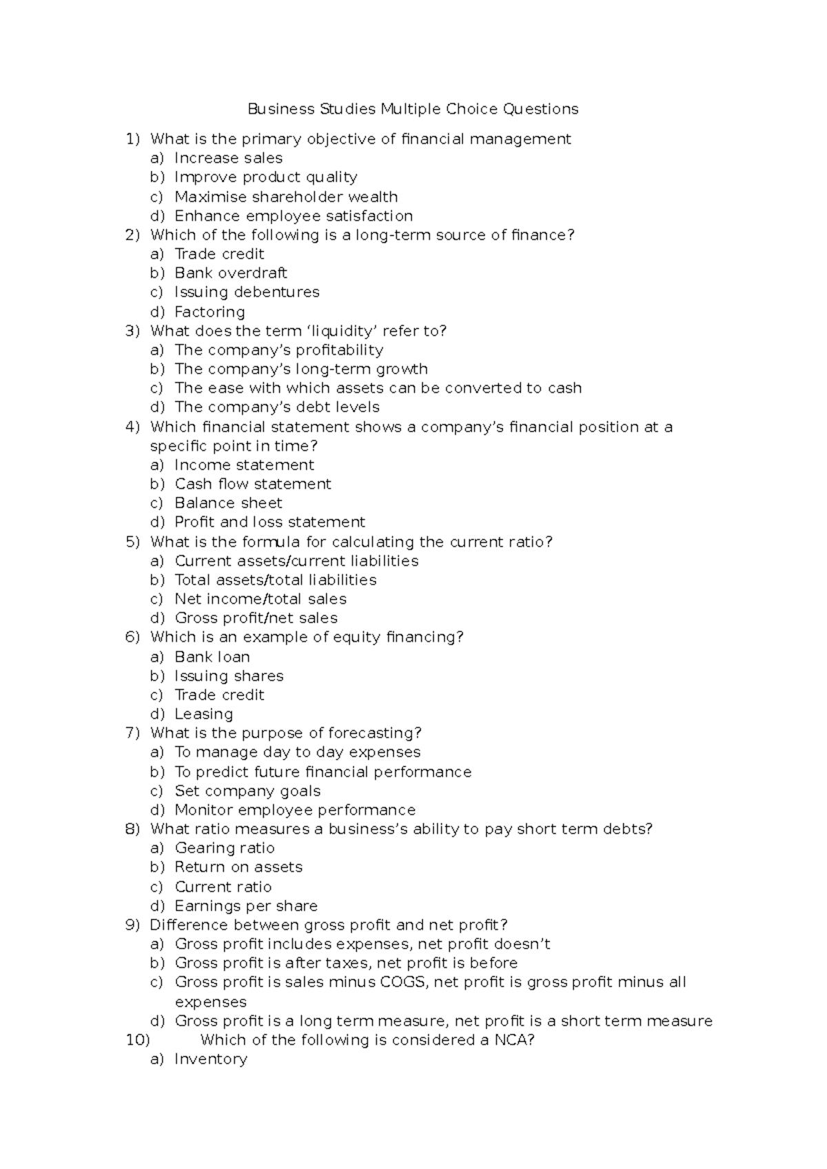 Business Studies Finance Multiple Choice Questions - Business Studies ...