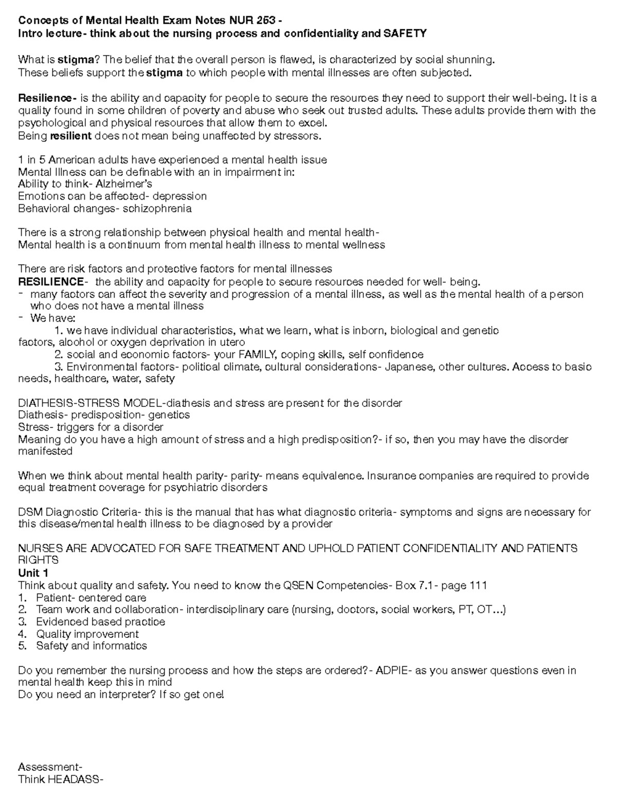 Exam 1 Study Notes - NUR 253 Concepts of Mental Health & Safety - Studocu