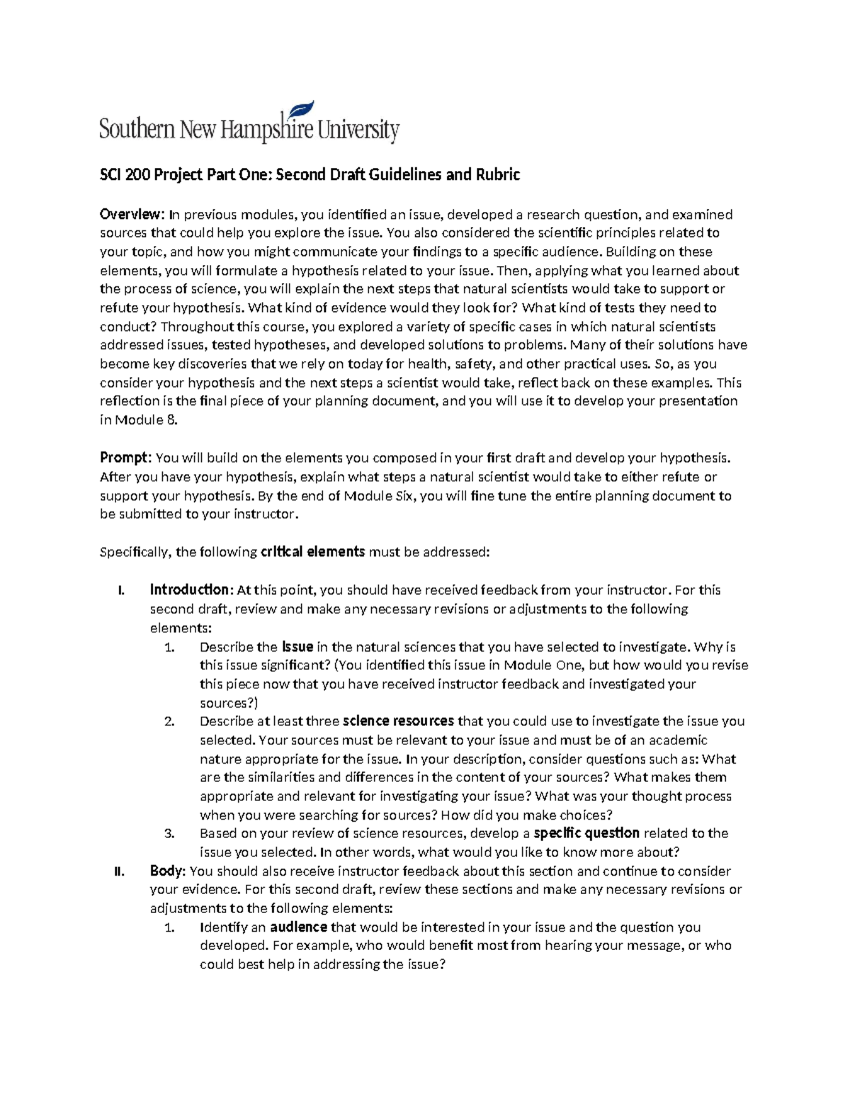 SCI 200 Project Part One: Second Draft Guidelines & Hypothesis ...
