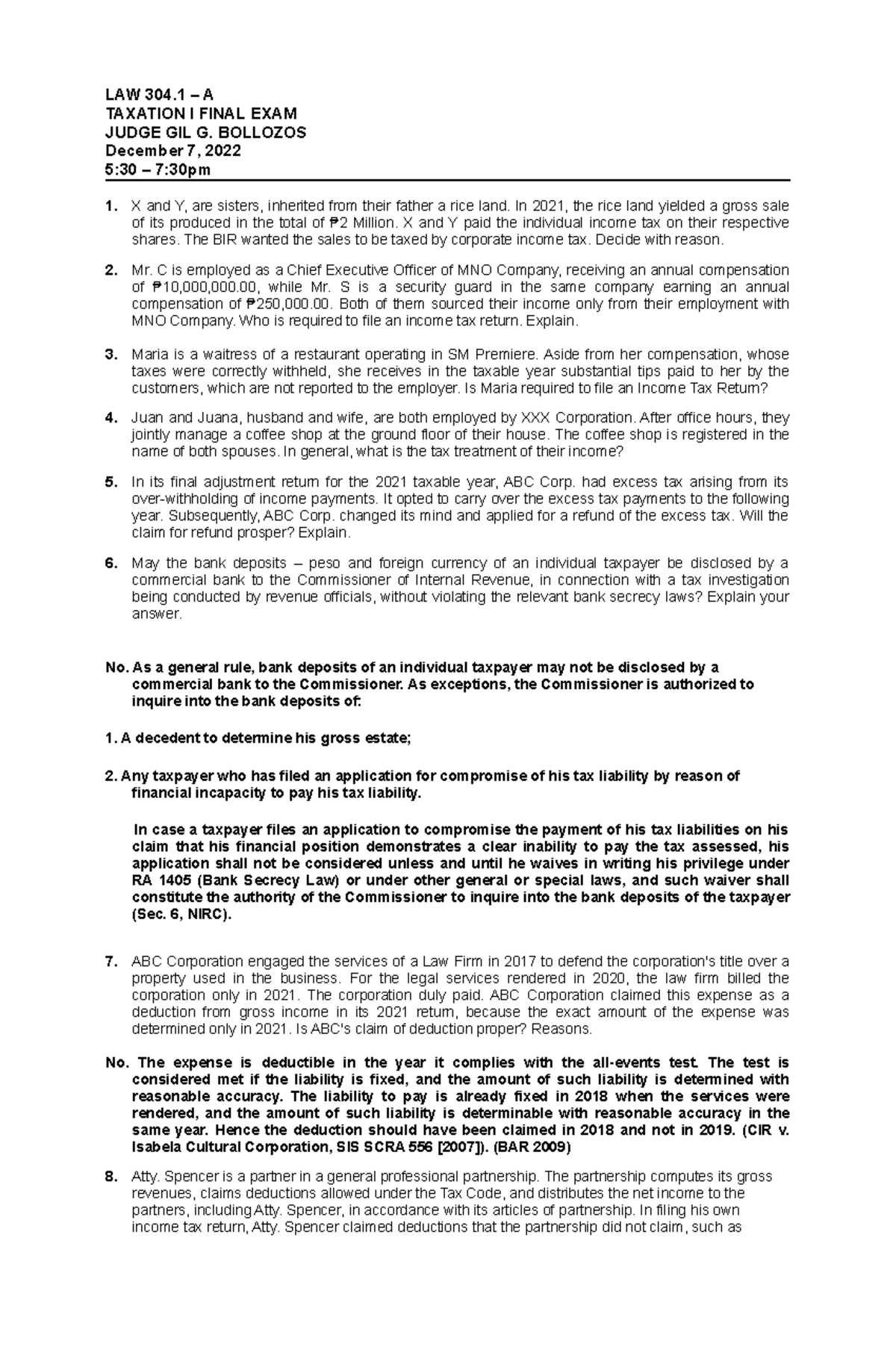 LAW 304.1 - Taxation I Final Exam Analysis and Case Studies - Studocu