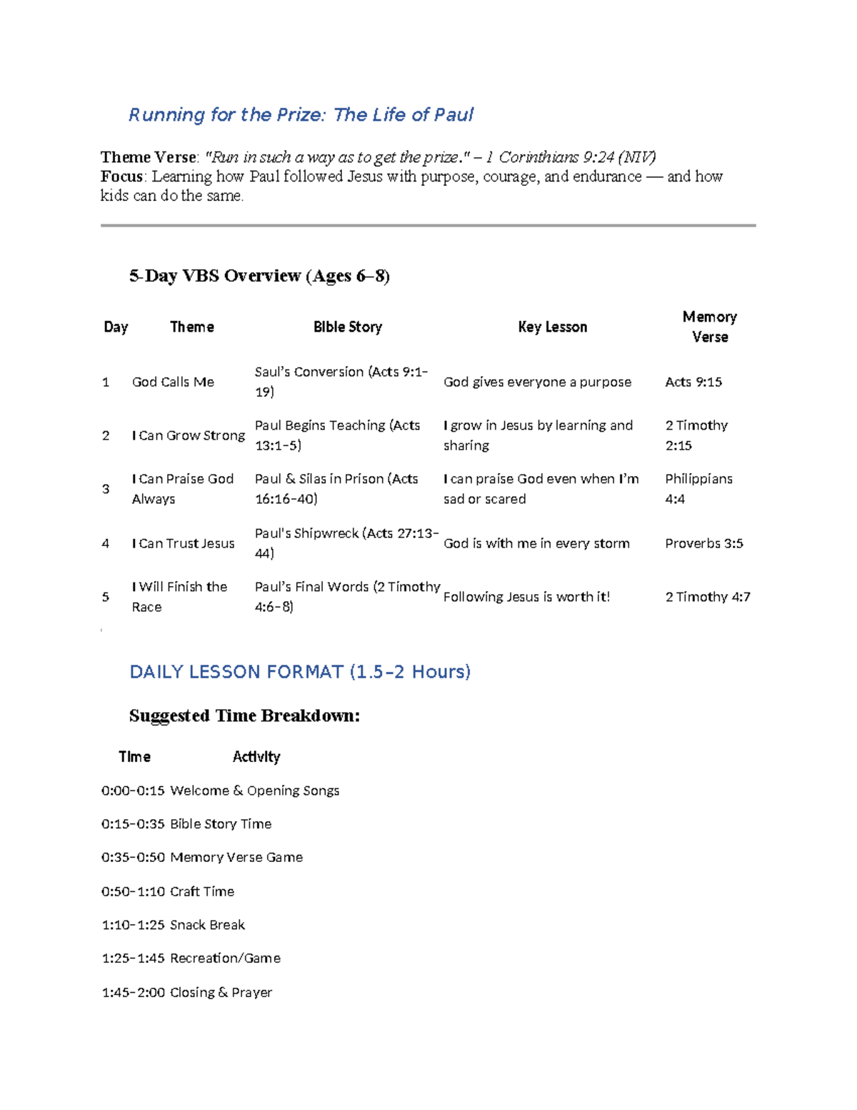 VBS Lesson Plan: Following Paul's Journey with Purpose (Ages 5-12 ...