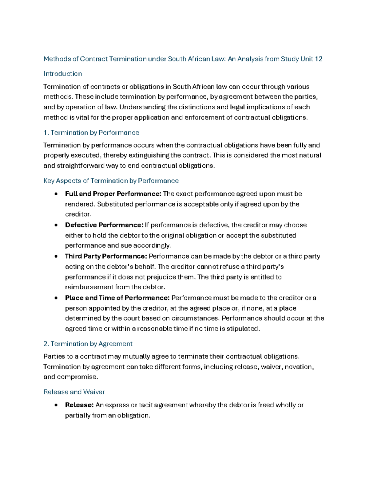 Methods of Contract Termination under South African Law: Study Unit 12 ...