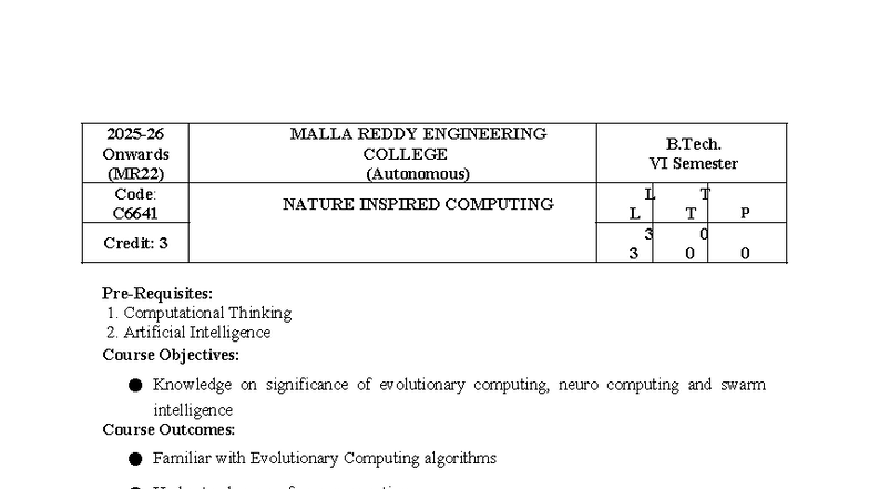 Nature Inspired Computing Syllabus (MR22) - B.Tech VI Sem Notes - Studocu