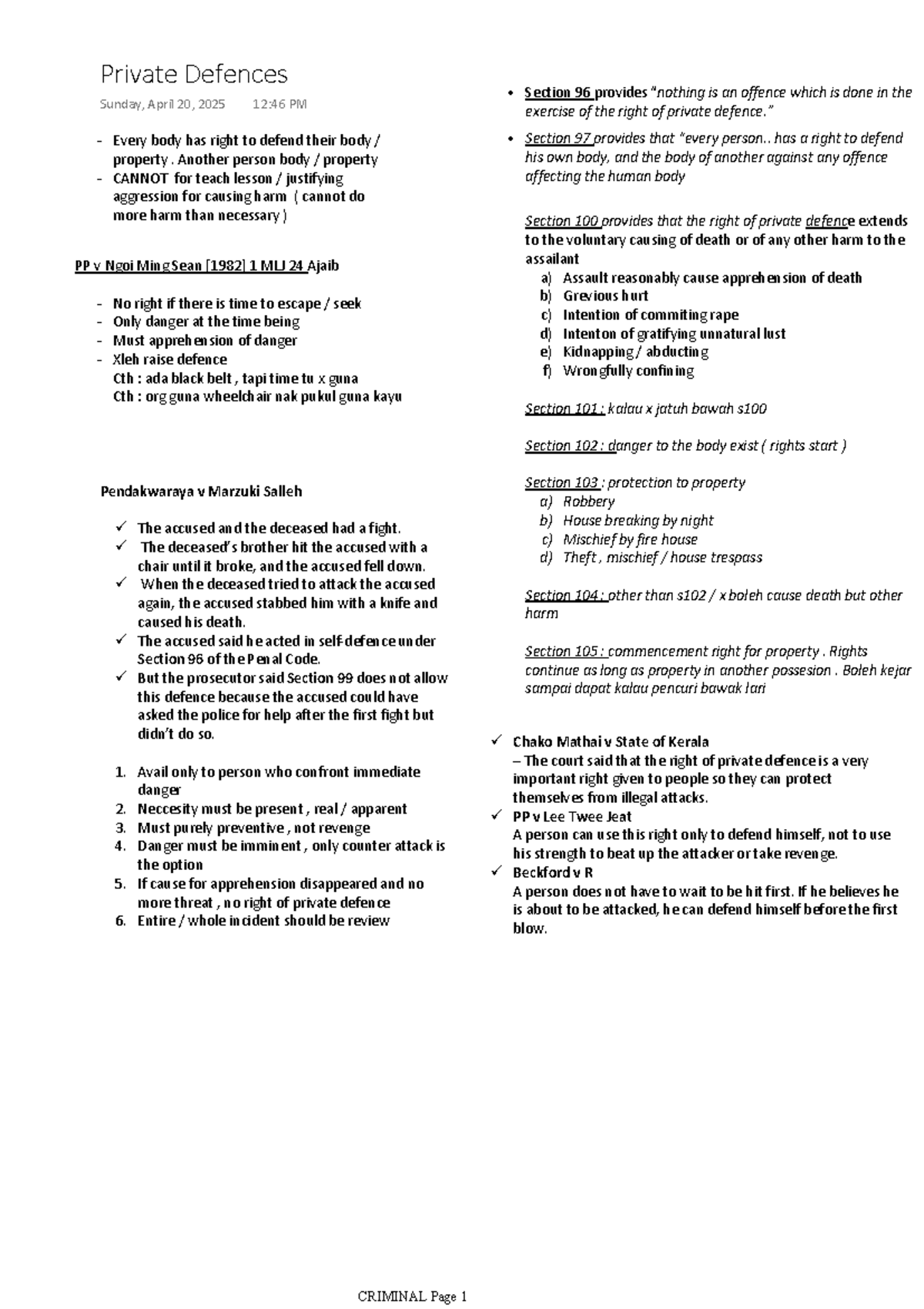 Private Defences - Legal Principles and Case Studies (CRIMINAL) - Studocu