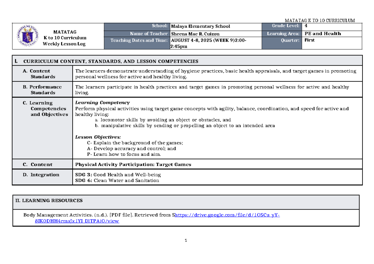 DLL Matatag K to 10 PE & Health 4 Weekly Lesson Log (Q1 W7-8) - Studocu