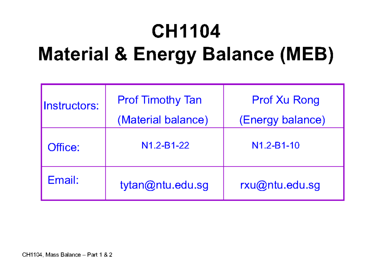 CH1104 Mass Balance Lecture 1 Notes: Material Energy Balance - Studocu