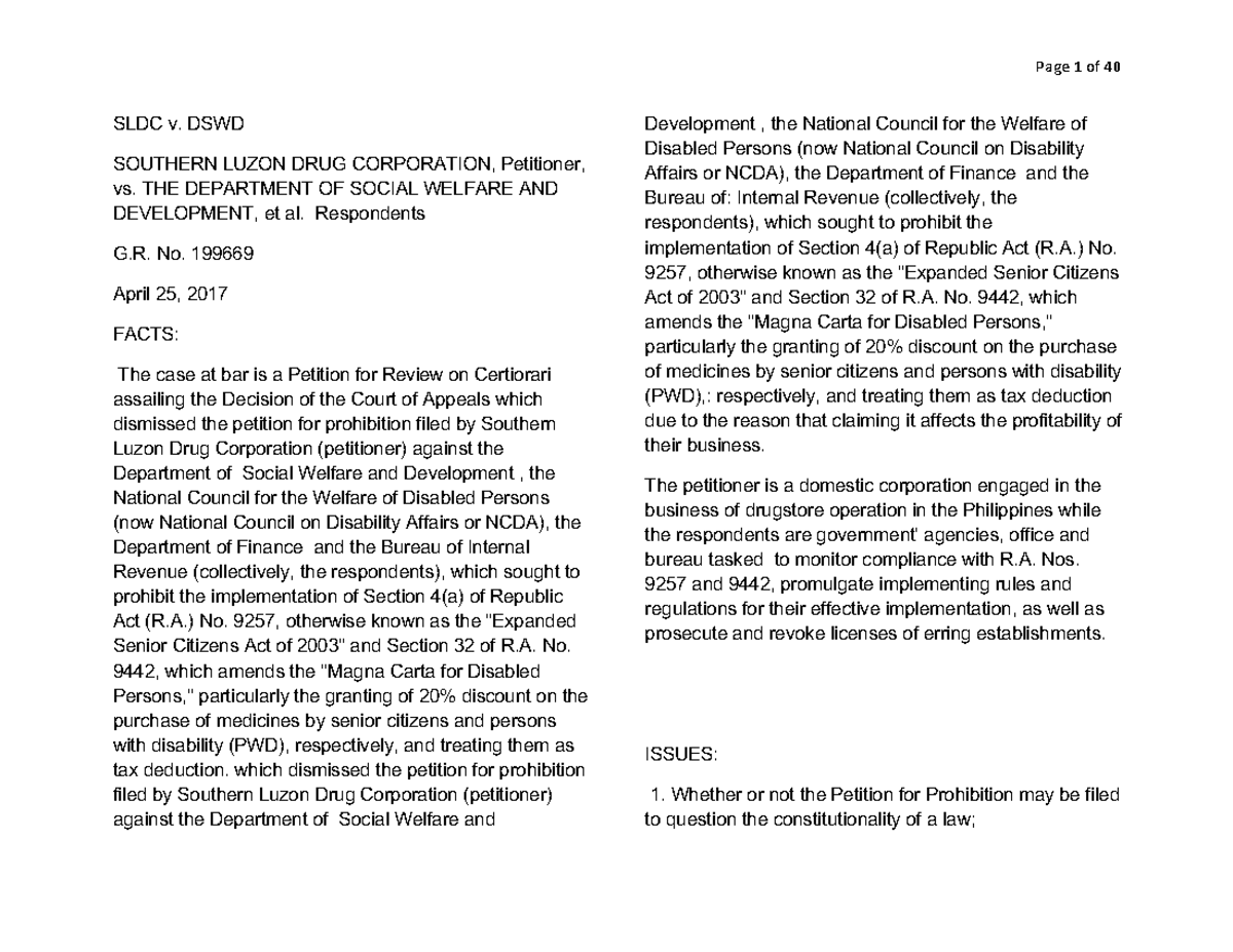 Case Study: SLDC v. DSWD, GR No. 199669, April 25, 2017 - Studocu