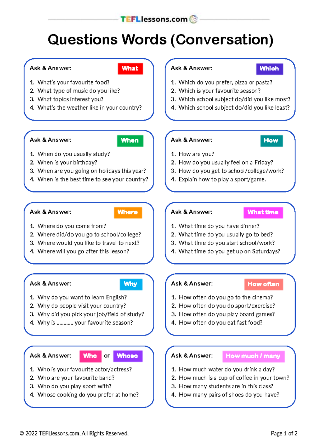 Question Words Conversation: Ask & Answer Practice (TEFL) - Studocu