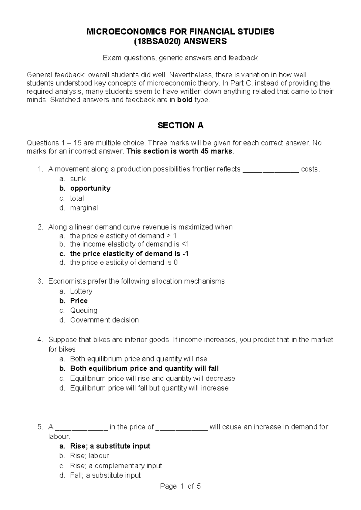 18BSA020 Microeconomics Exam: Questions, Answers & Feedback Insights ...