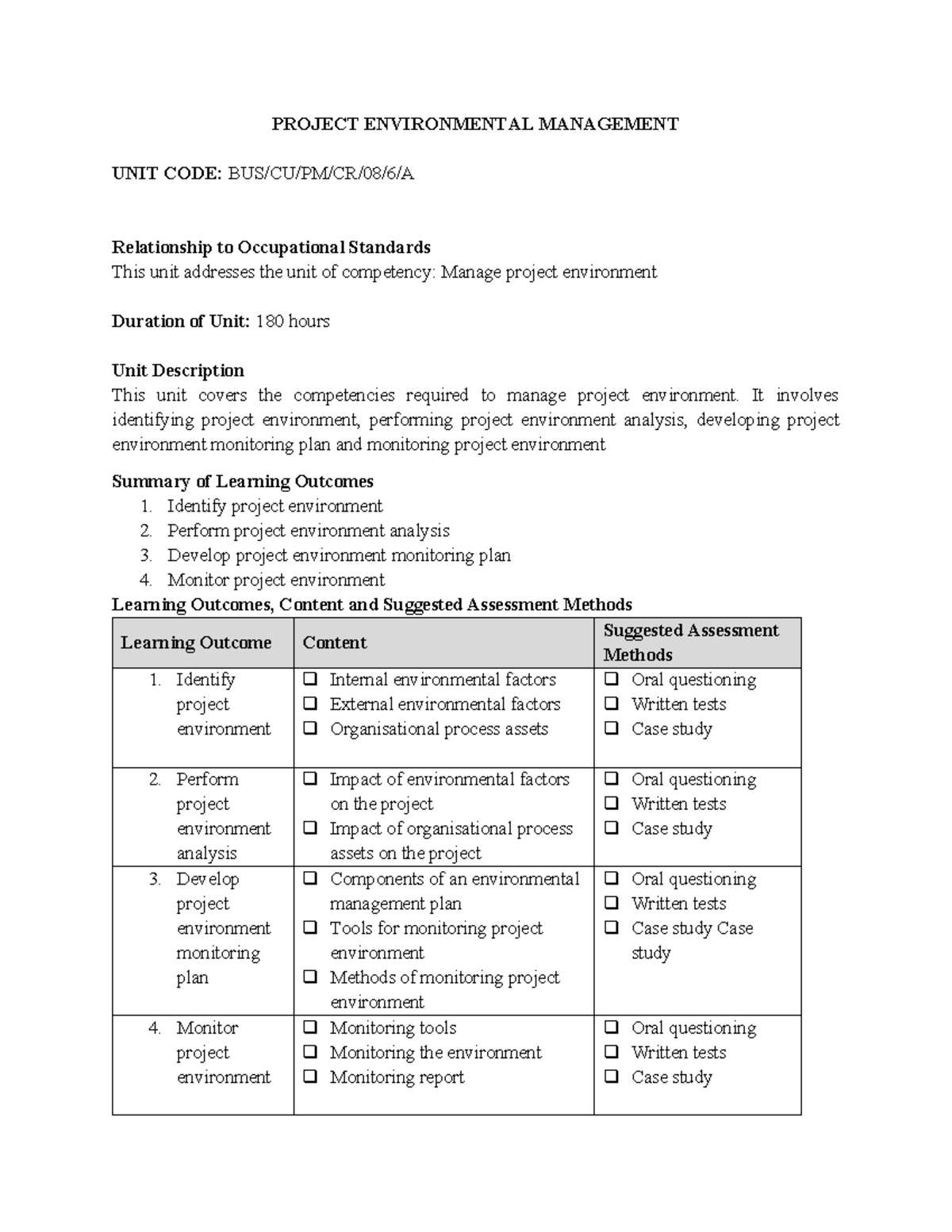Project Environmental Management BUS/CU/PM/CR/08/6/A Summary and ...