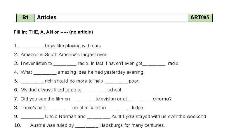 B1 Articles Practice Exercises ART005 & ART006 - Studocu
