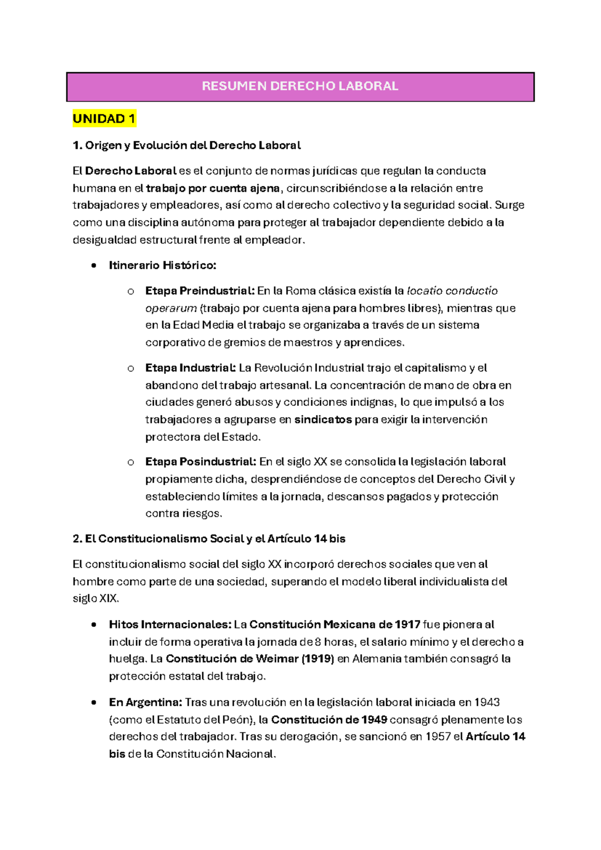 Resumen de Derecho Laboral - Unidad 1 y 2 - Studocu