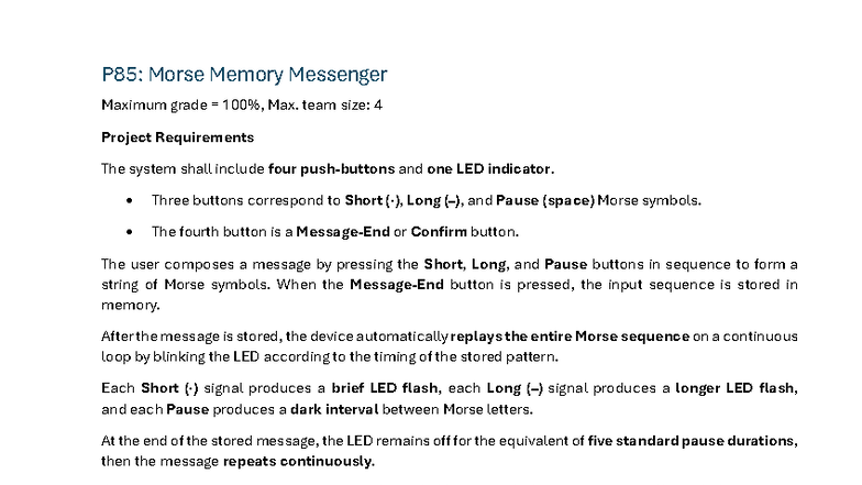 P85: Morse Memory Messenger Project Requirements & Specs - Studocu
