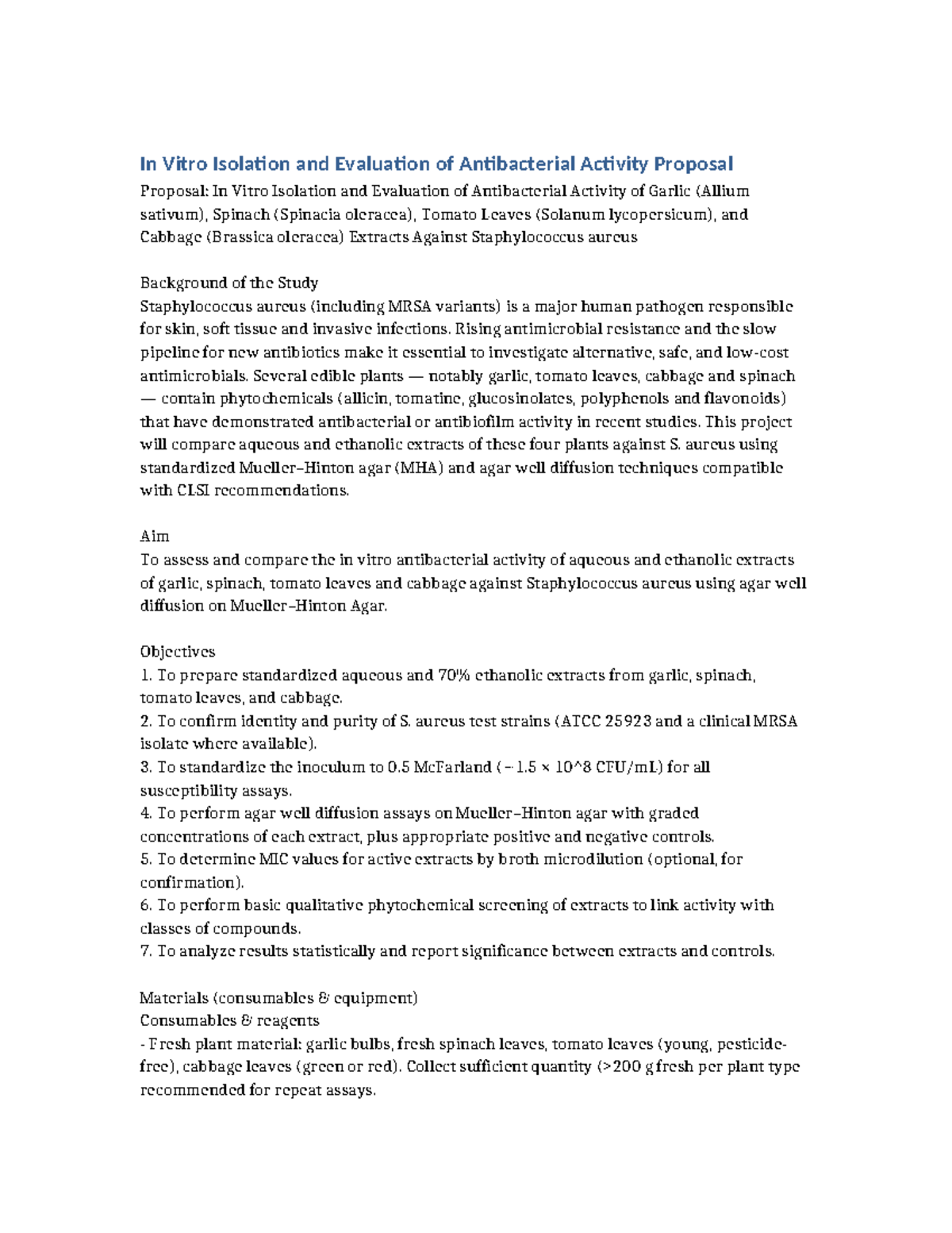 Proposal: In Vitro Evaluation of Antibacterial Activity of Plant ...
