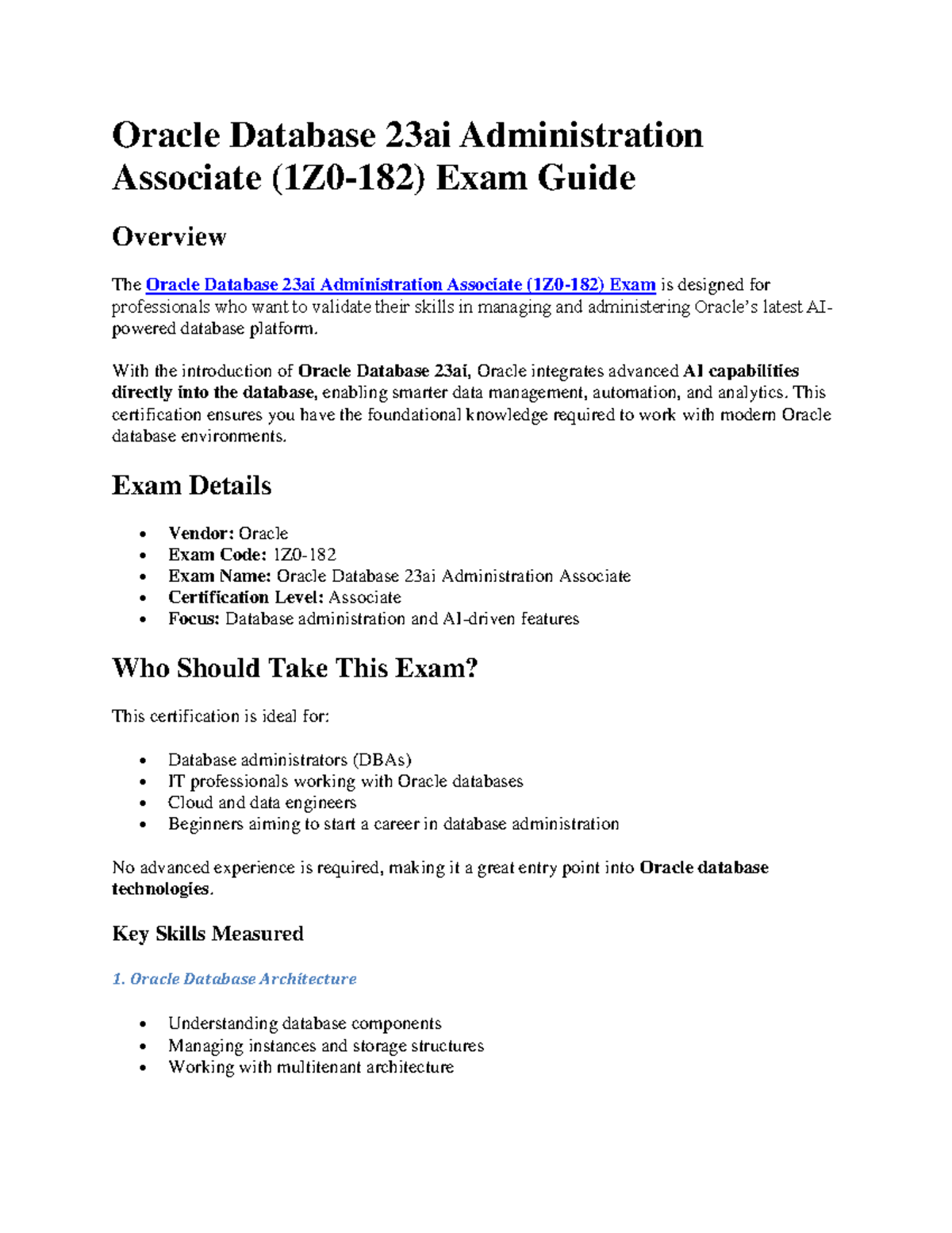 Oracle Database 23ai Admin Associate 1Z0-182 Exam Guide - Studocu