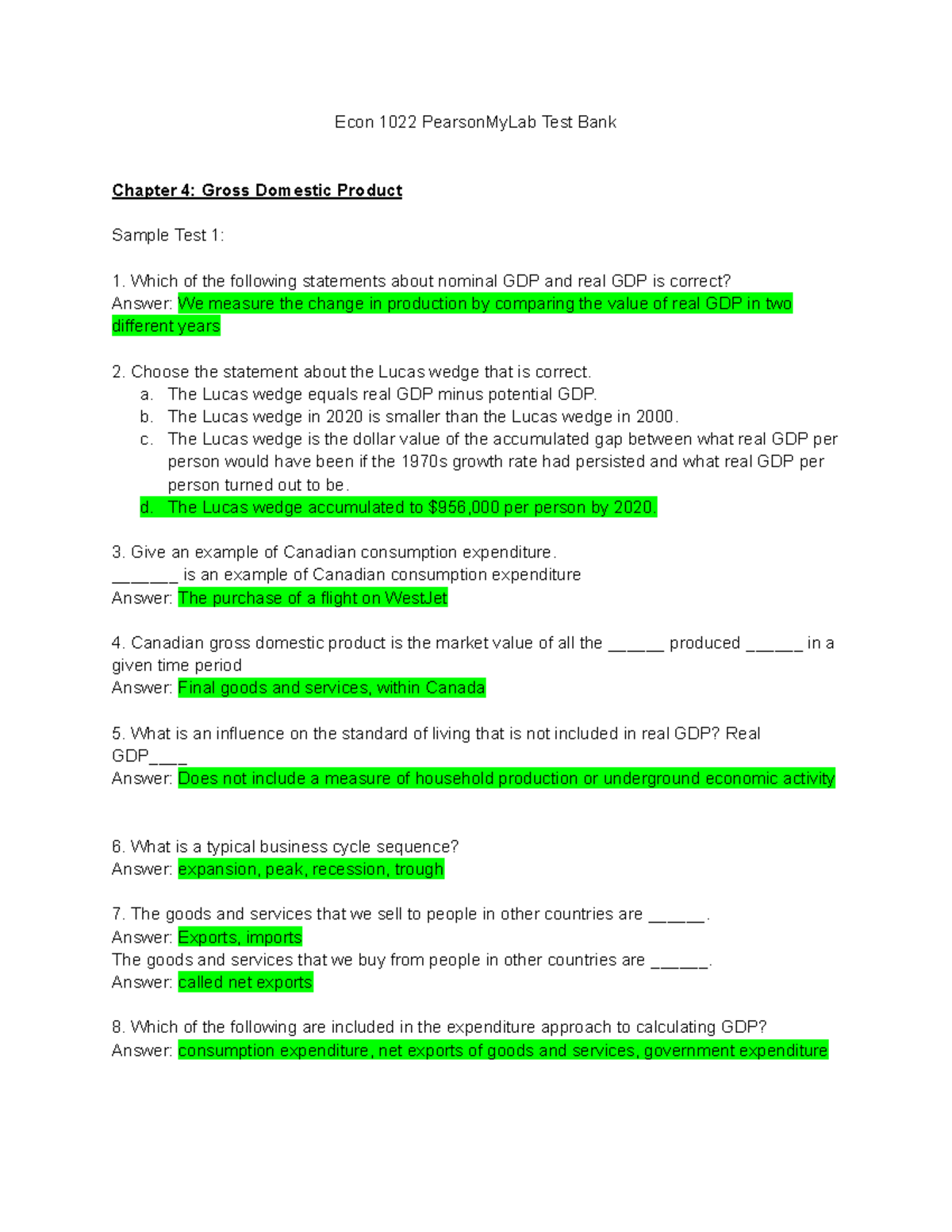 Econ 1022 Chapter 4 Testbank: Understanding GDP and Economic Indicators ...