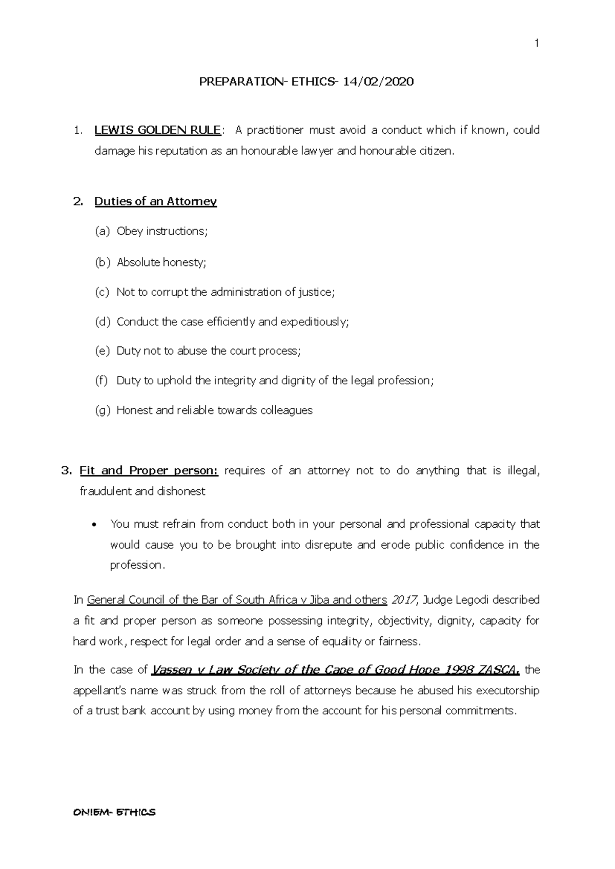 Ethics Preparation Notes - Legal Professional Conduct & Principles ...