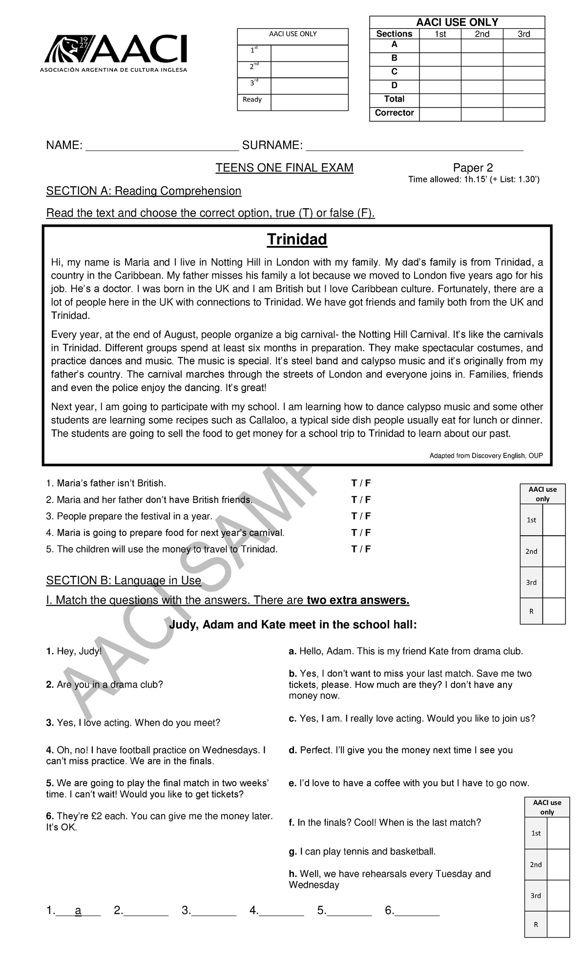 AACI USE ONLY Teens 1 Final Exam Paper 2 - Reading & Language Test ...