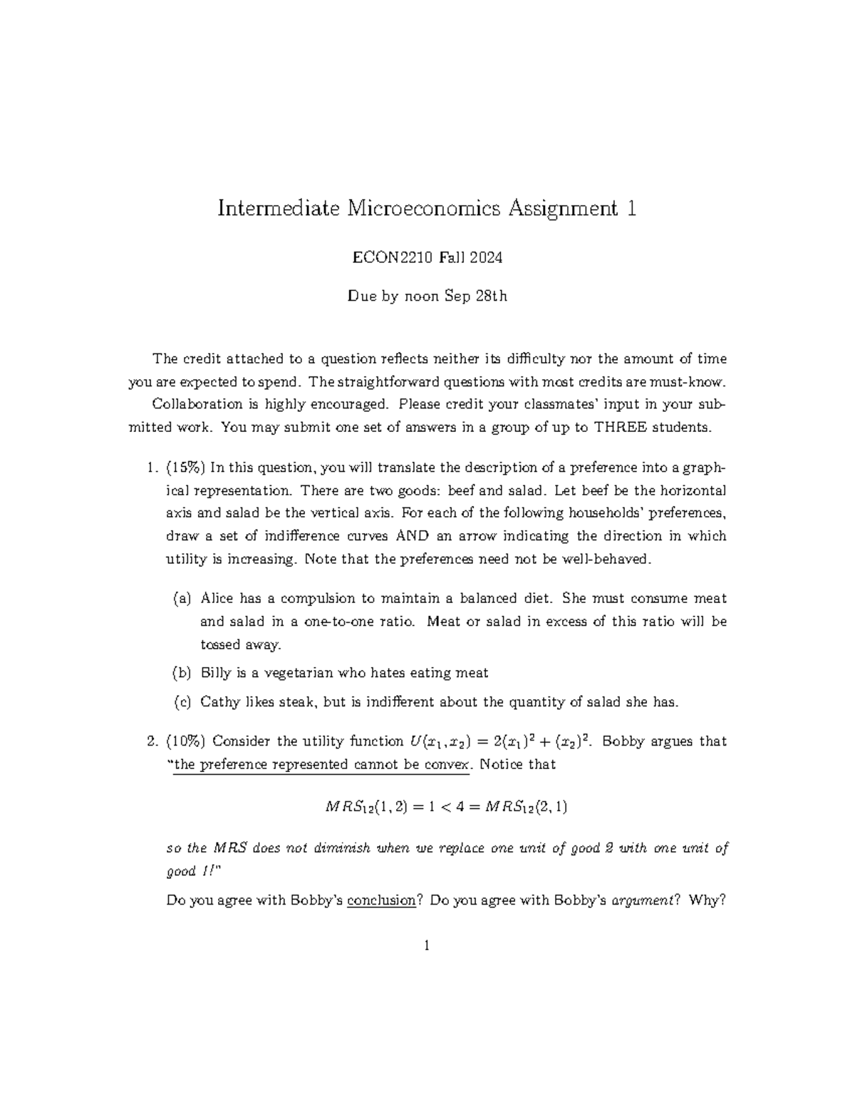 ECON2210 Fall 2024 Intermediate Microeconomics Assignment 1 - Studocu