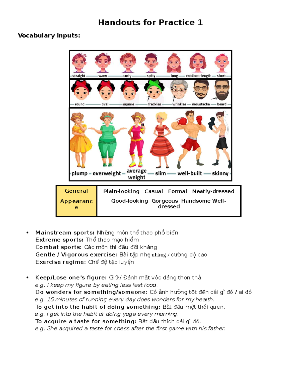 Vocabulary Handouts for Practice 1: Appearance & Exercise Terms - Studocu