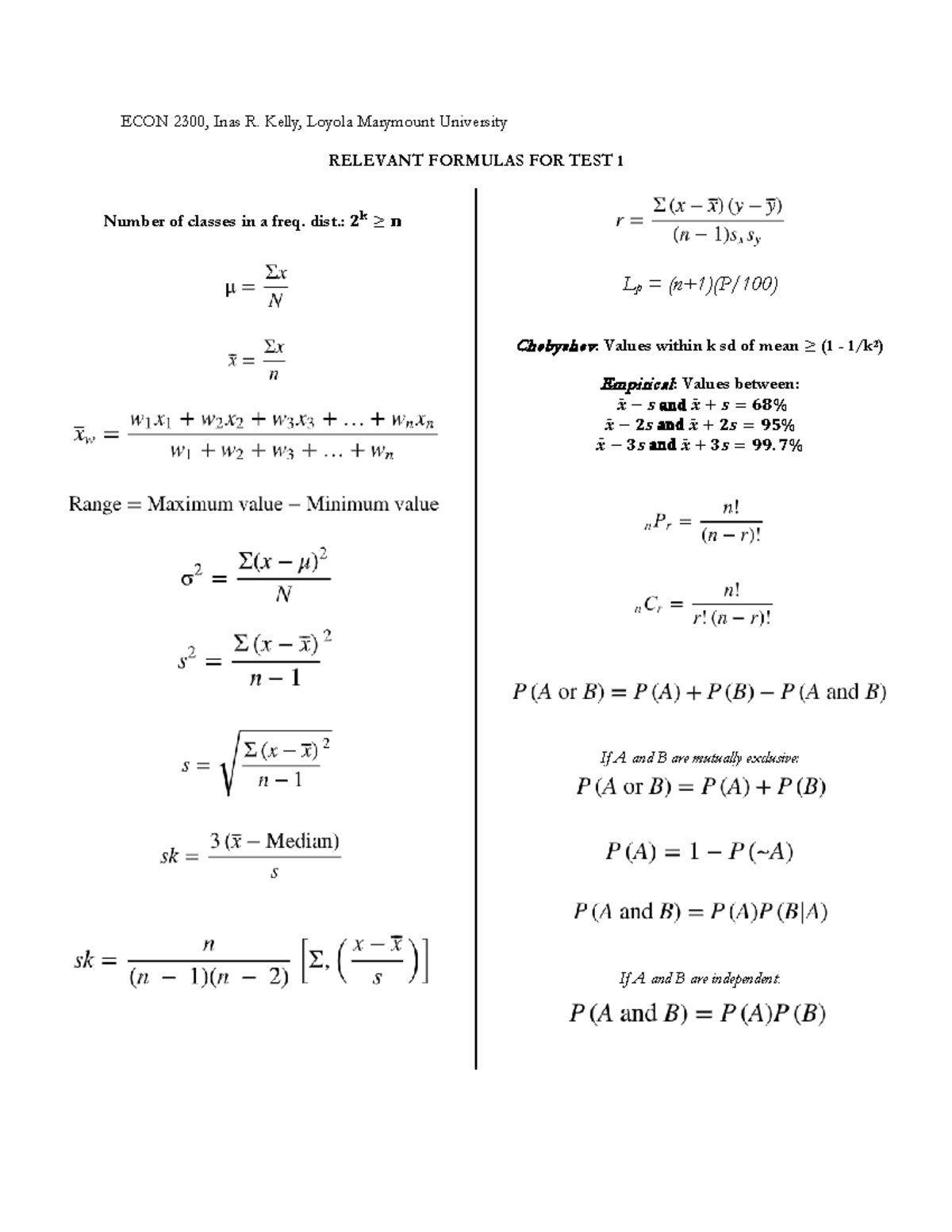 ECON 2300: Relevant Formulas for Test 1 - Inas R. Kelly - ECON 2300 ...