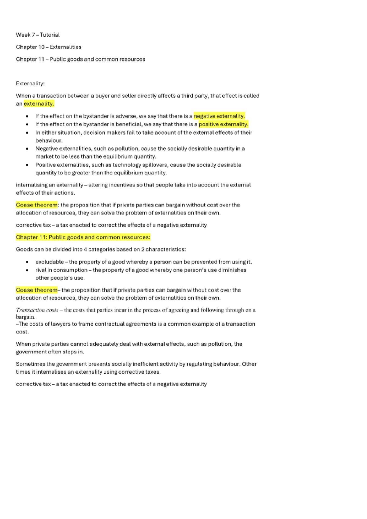 Week 7 Tutorial: Externalities & Public Goods (Ch. 10-11) - Studocu