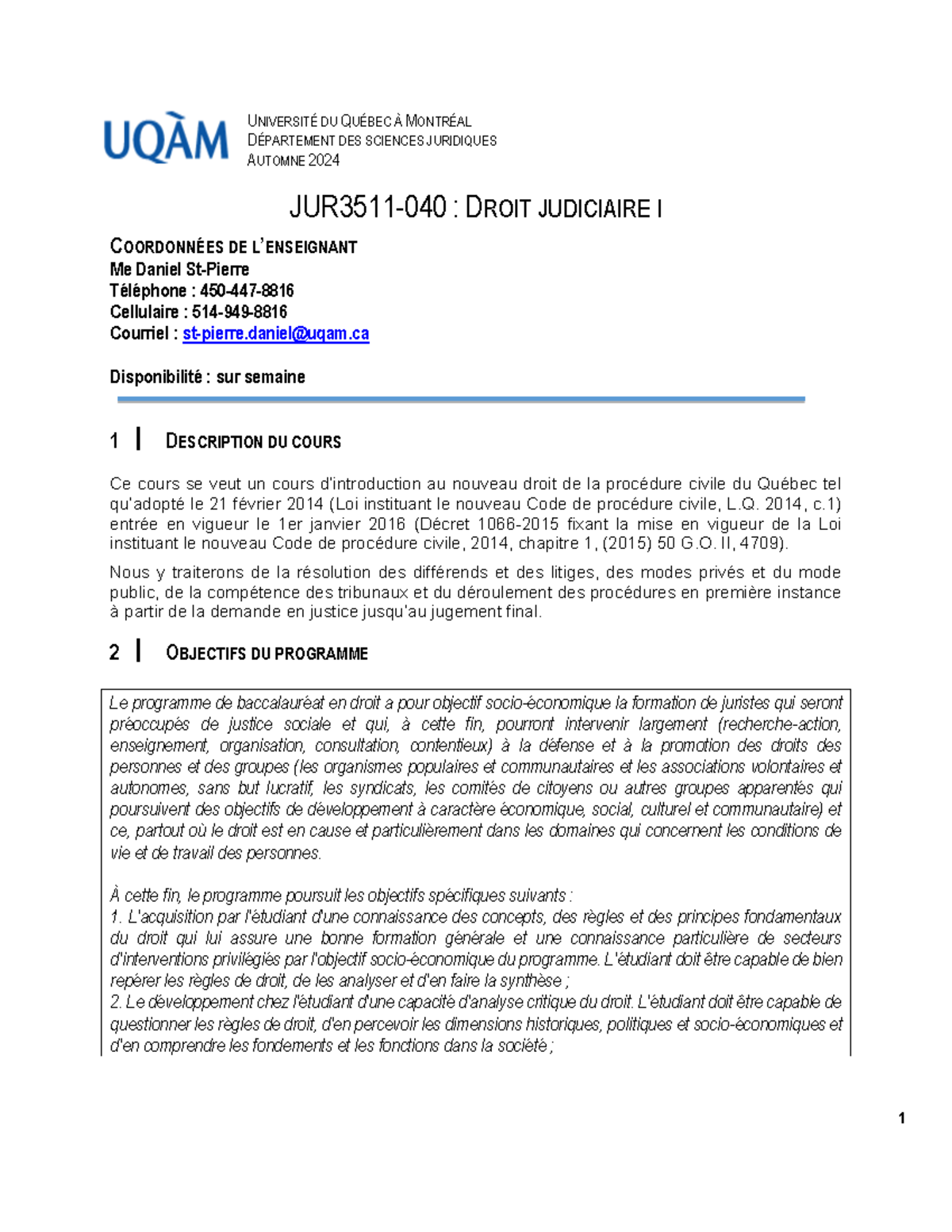 Plan de Cours - JUR 3511 : Droit Judiciaire I - Automne 2024 - Studocu