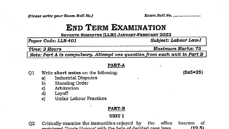 Labour Law Exam Paper: Previous Year Questions (7th & 8th Sem) - Studocu
