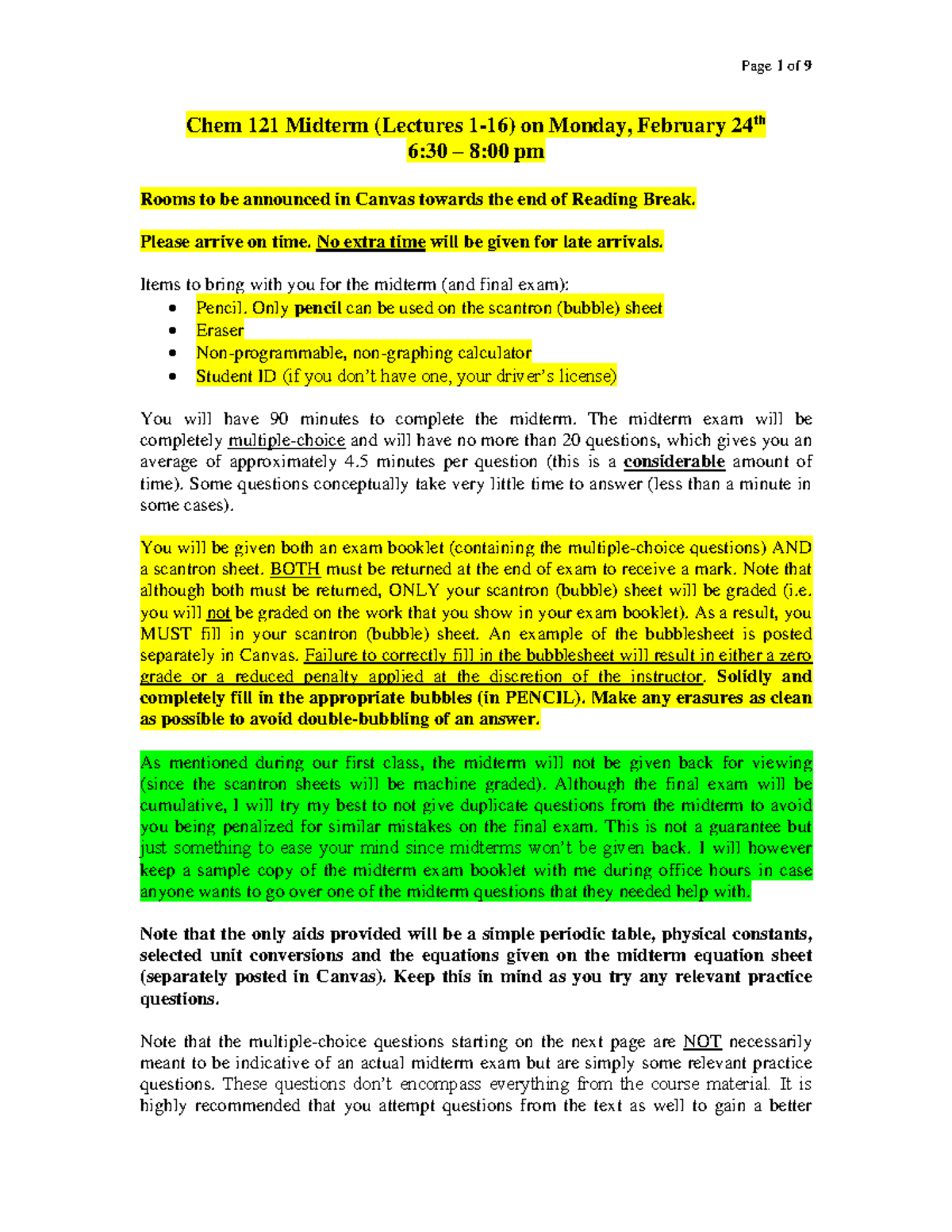 Chem 121 Midterm Practice Questions and Exam Guidelines - Studocu
