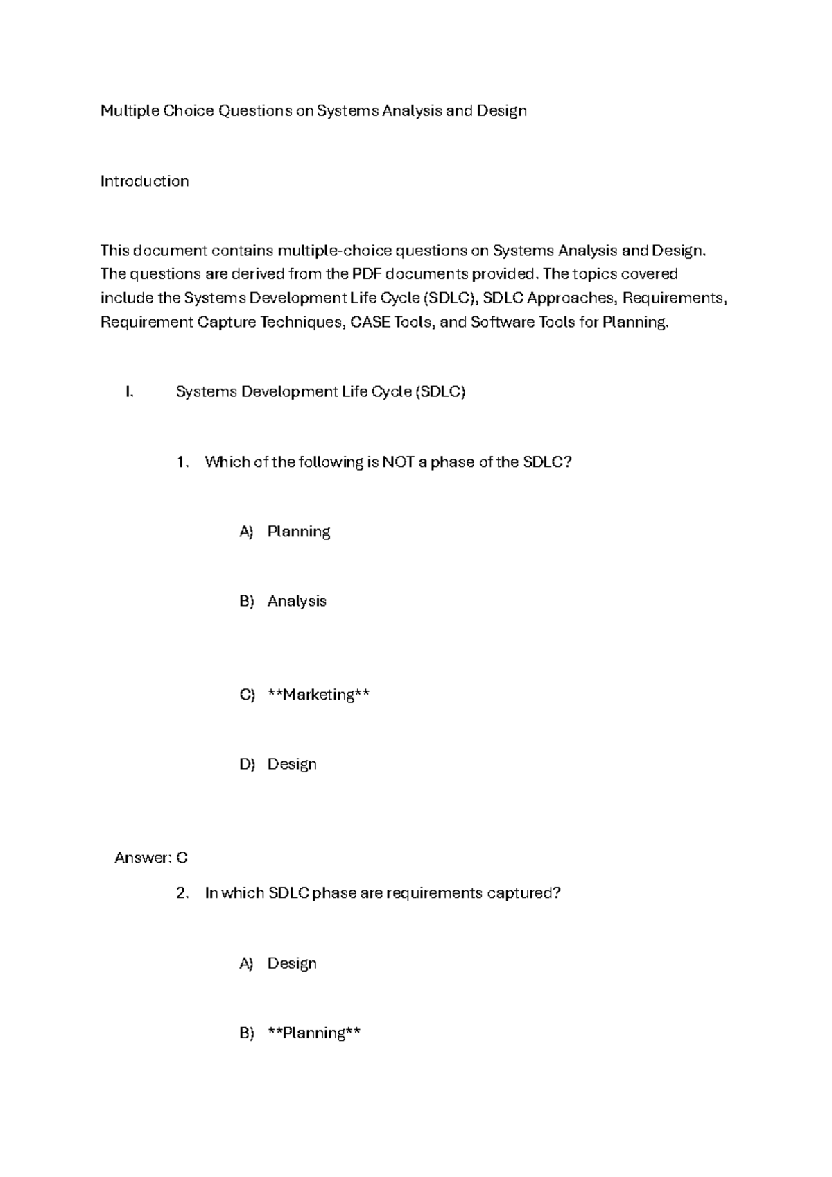 MCQs on Systems Analysis & Design (CPT) - SDLC Focused Review - Studocu