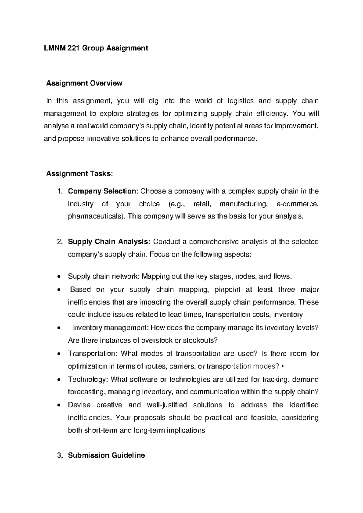 LMNM 221 Group Assignment: Optimizing Supply Chain Strategies - Studocu