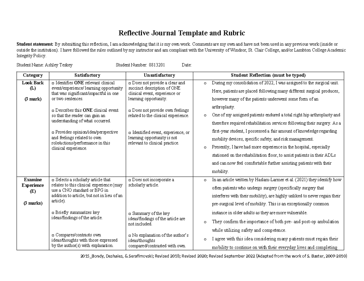 Reflective Jounral (Assisting Patients with Mobility) - Reflective ...