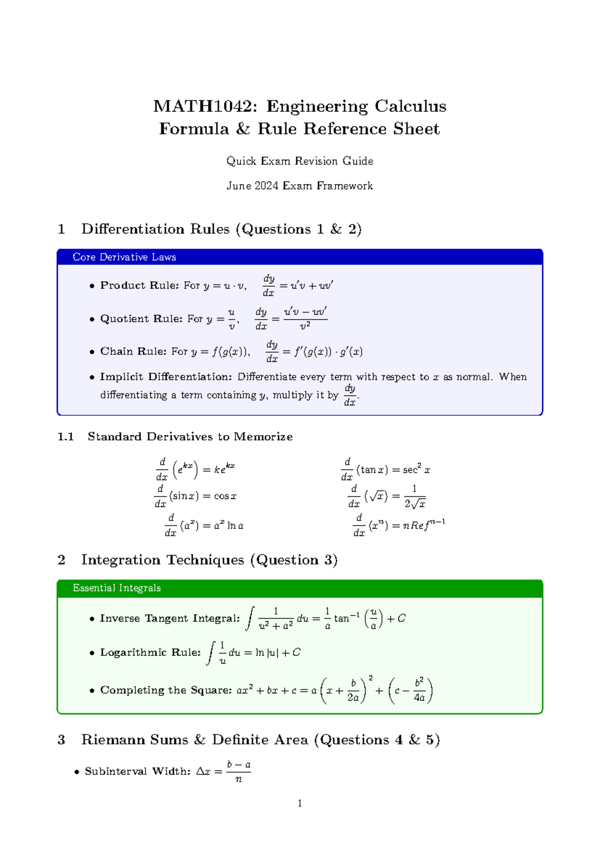 MATH1042: Engineering Calculus Quick Exam Revision Guide - Studocu