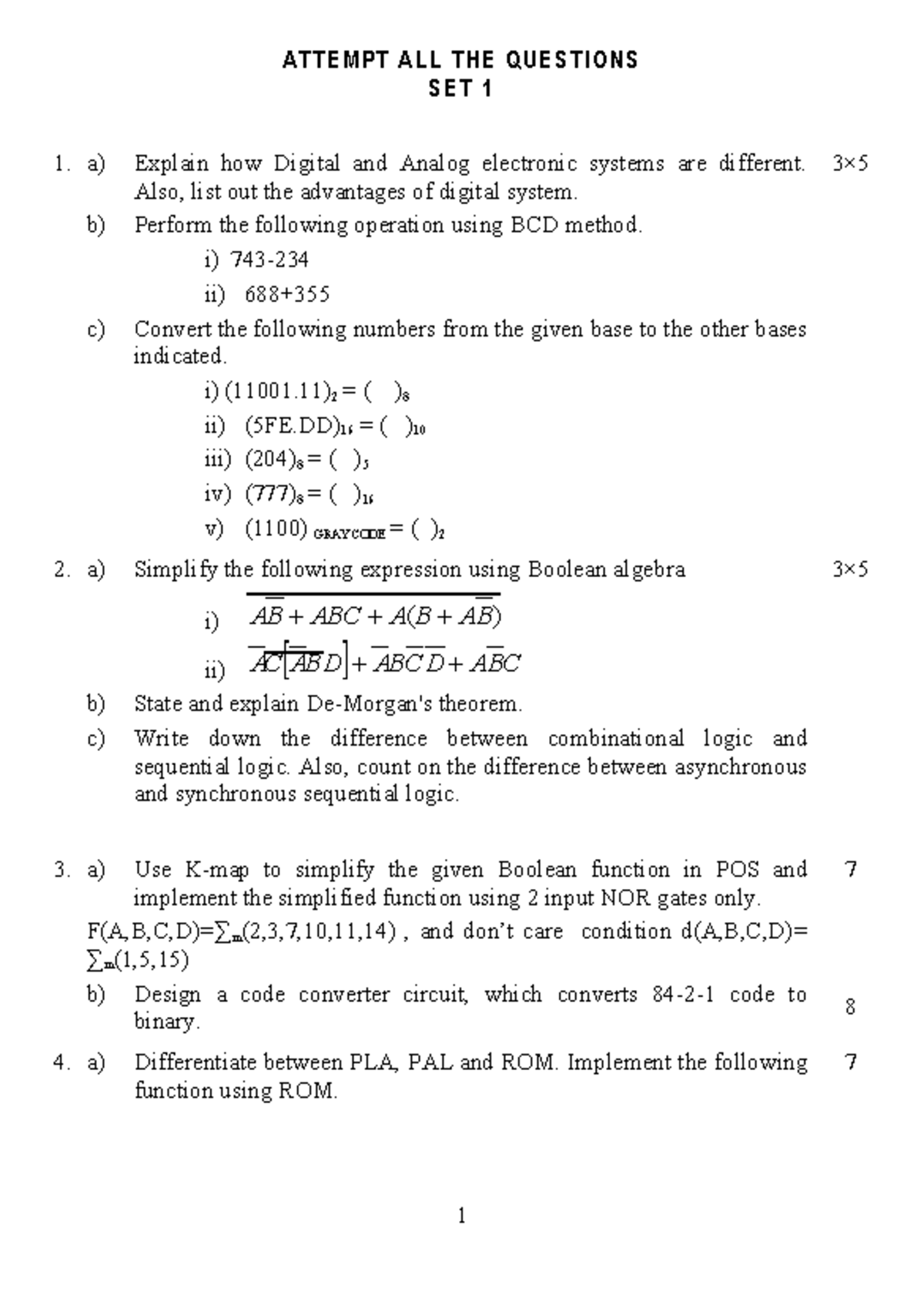 Digital Logic - Question Paper Set 1 & Set 2 - Studocu