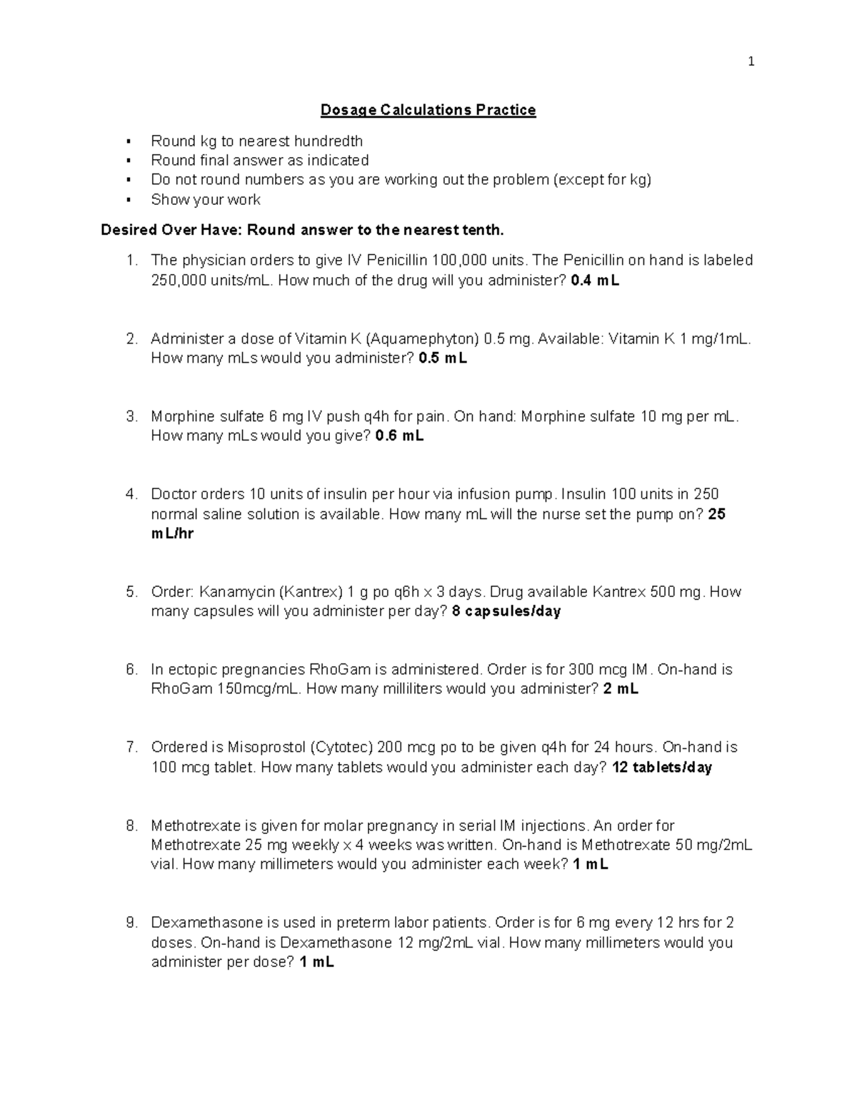 Dosage Calculations Practice Answer Key for Nursing 101 - Studocu