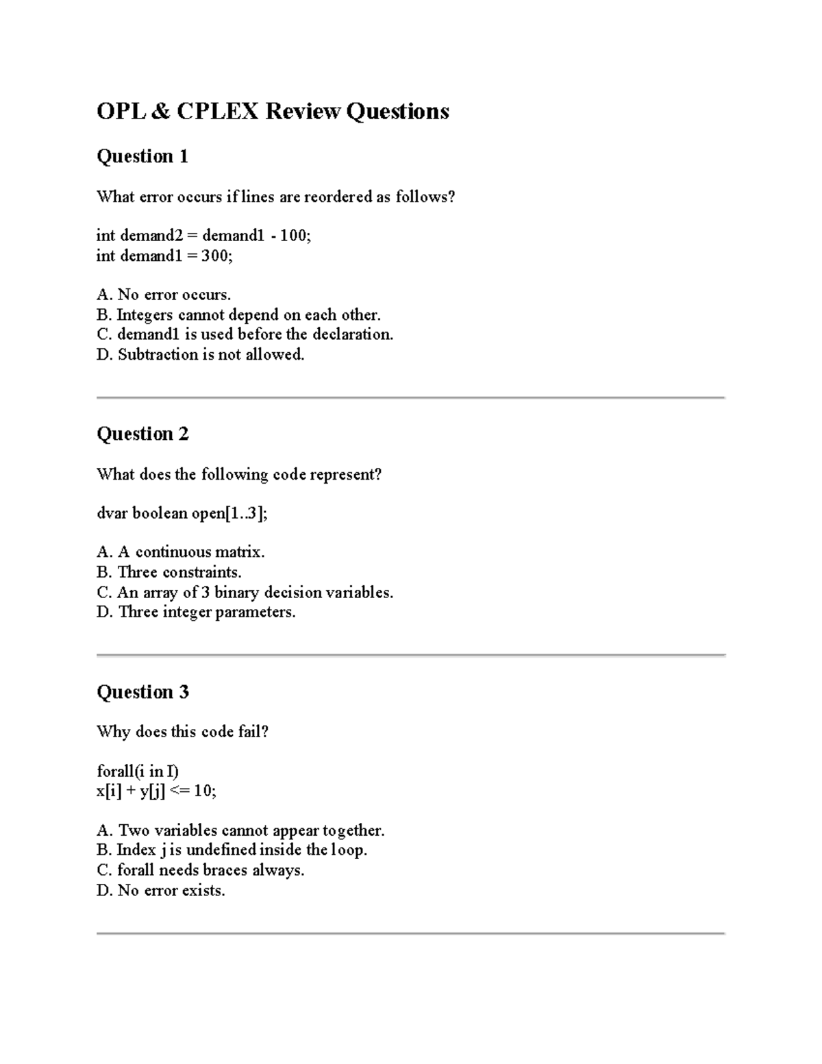 OPL CPLEX & PYTHON Review Questions and Answers - Studocu
