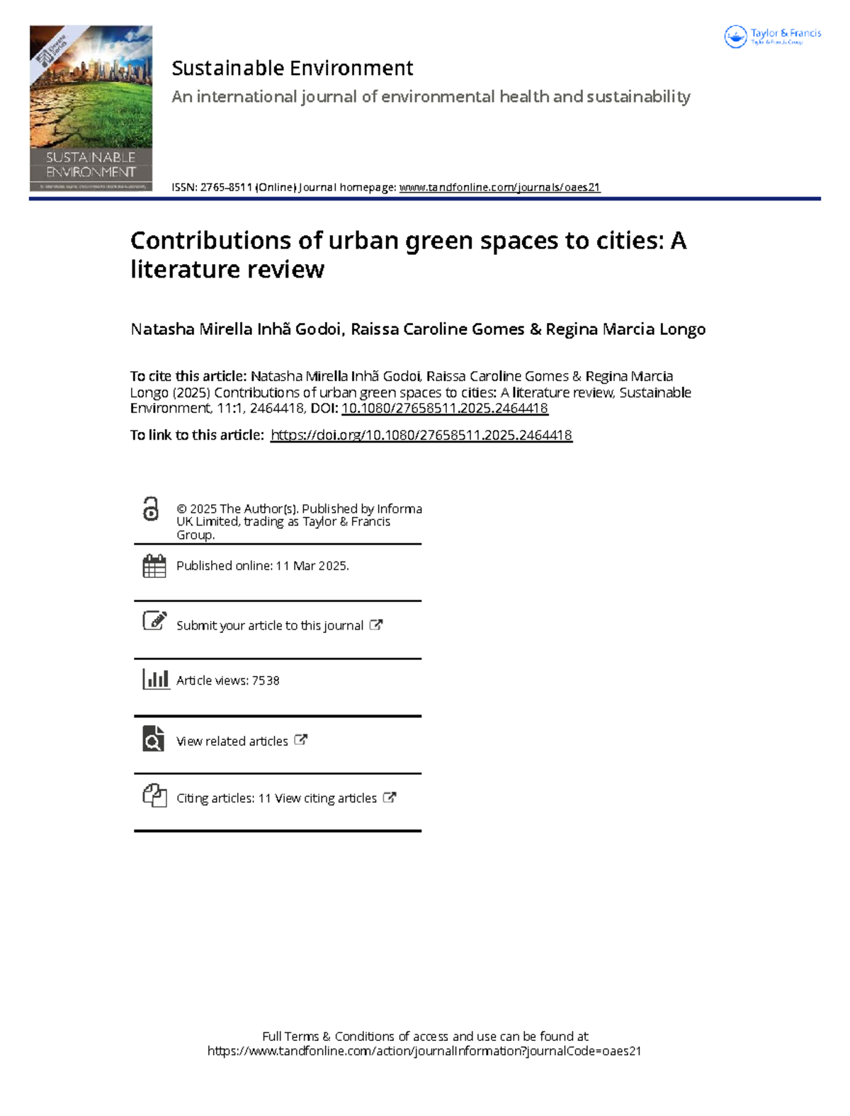 Contributions of Urban Green Spaces to Cities: A Literature Review ...
