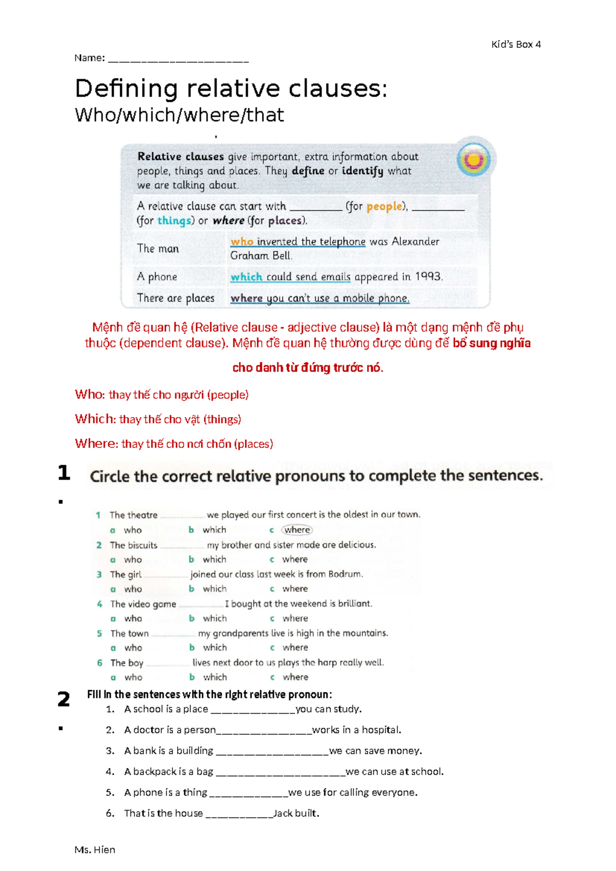 Defining relative clauses - Kid’s Box 4 Name ...