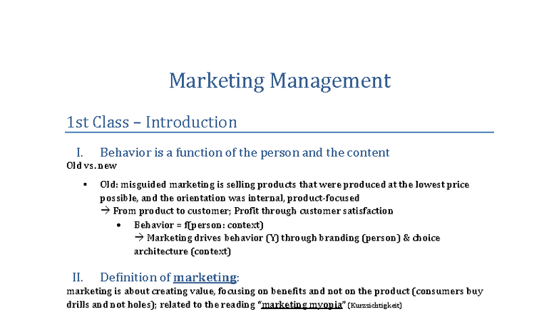 Marketing Management 1st Class: Key Concepts and Strategies Summary ...