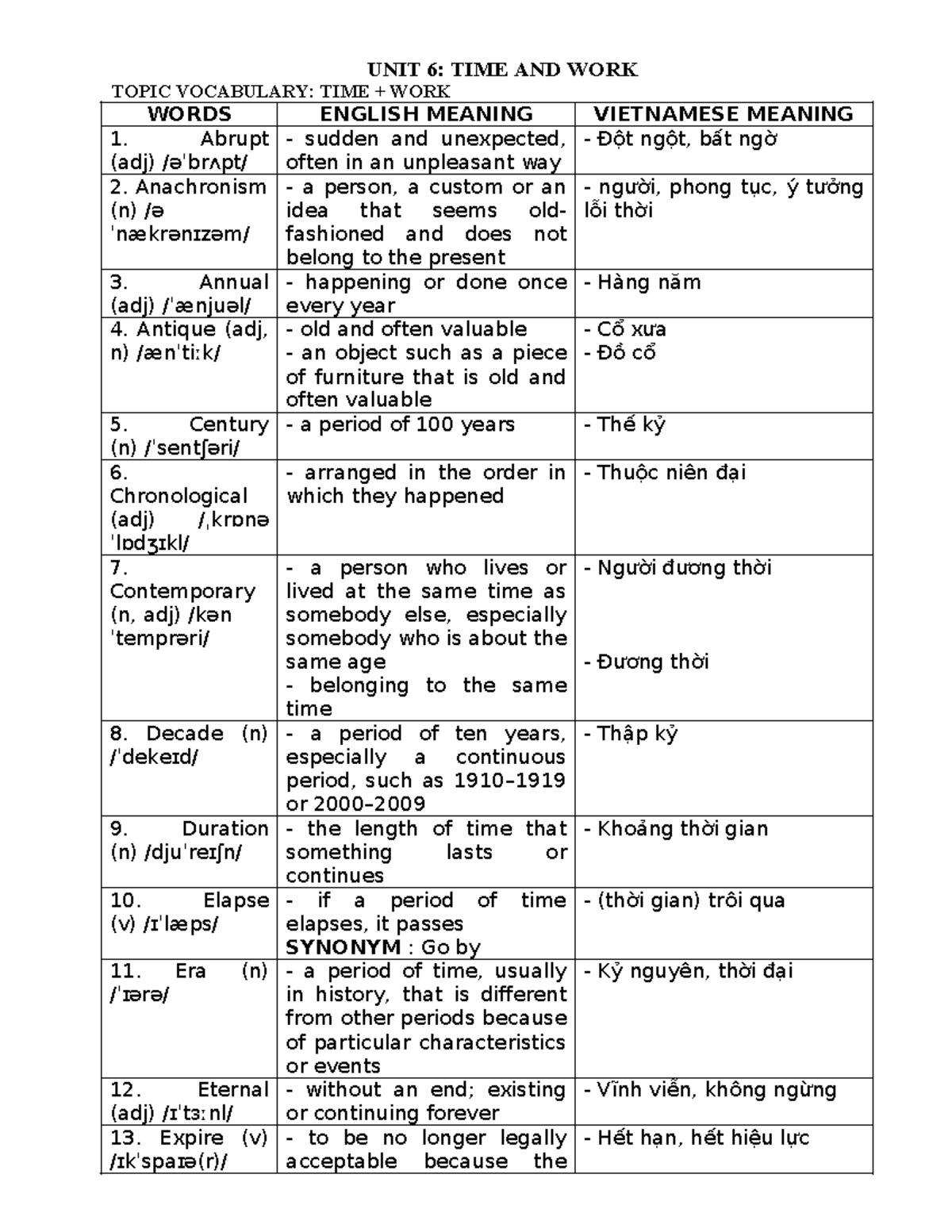 A9NC - DES C1,2 (U6) - Vocabulary on Time and Work Concepts - Studocu