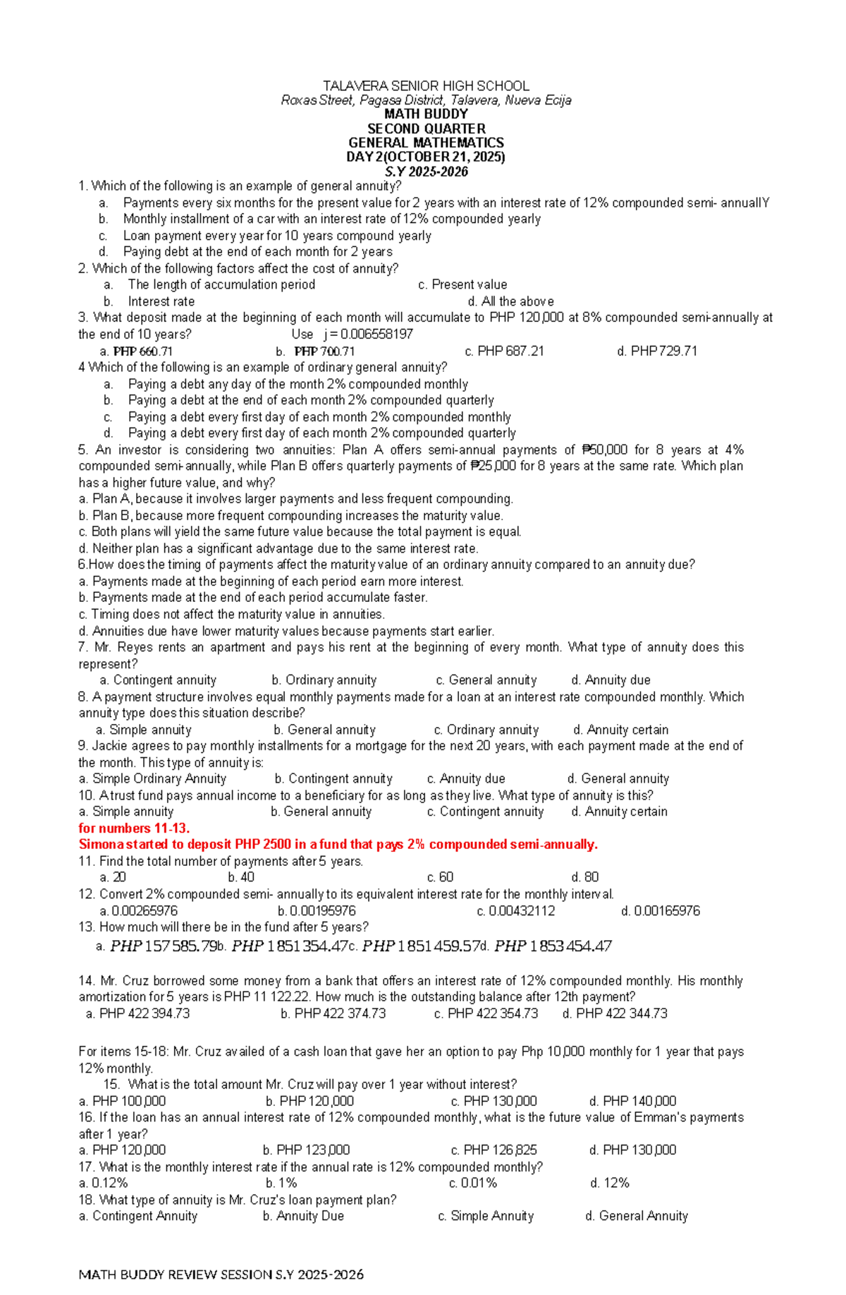 GEN-MATH- Final Exam Review for Second Quarter 2025-2026 - Studocu